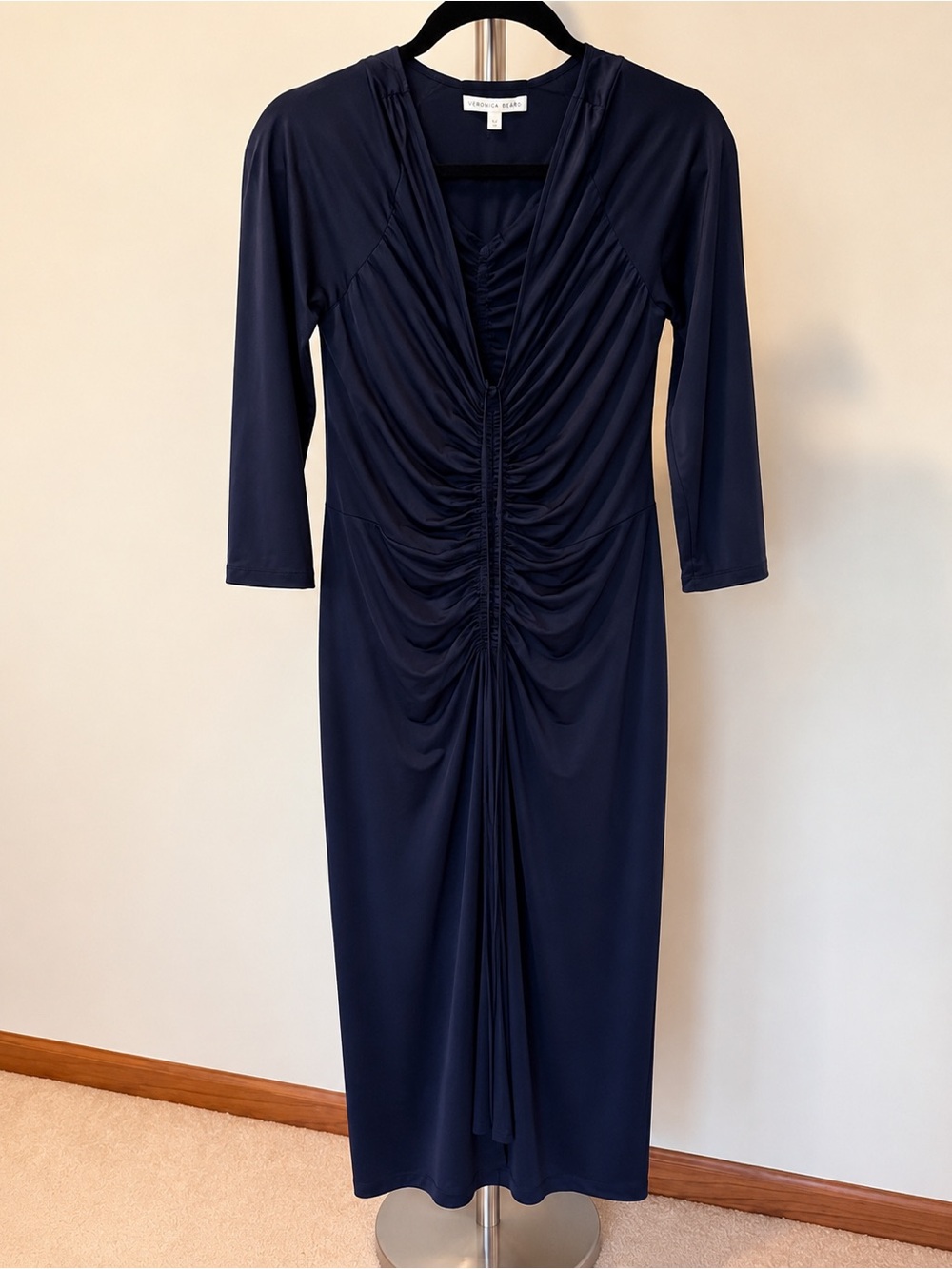 Veronica Beard Navy Ruched Midi Dress Size 12 Long Sleeve Cocktail Dress